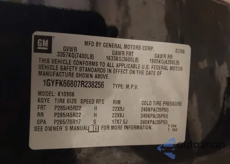2007 Cadillac Escalade Esv Standard z USA, uszkodzony, nr VIN 1GYFK66807R238256